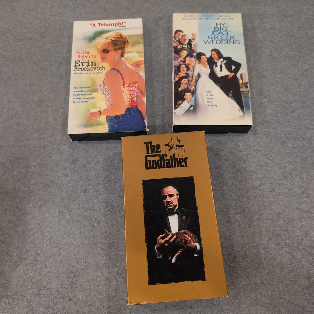 VHS Movie Lot The Godfather Erin Brockovich My Big Fat Greek Wedding 3 Tape Set - Picture 1 of 2
